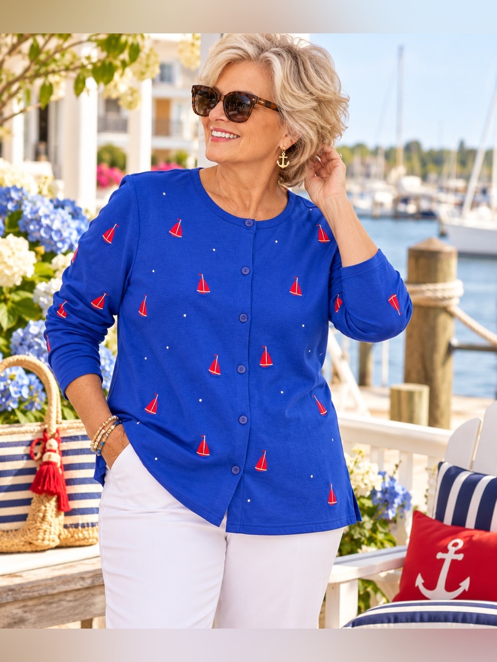 Quacker Factory Royal Blue Button-Front Cardigan with Red Sailboat Motif
